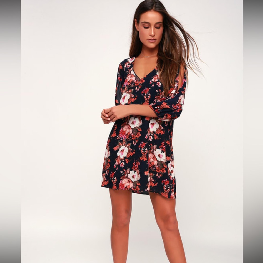 Lulus Shifting Dears Navy Floral Shift Dress, M